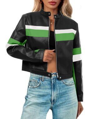 Women's Green Cropped Faux Leather Bomber Vintage Moto Biker Racing Jackets